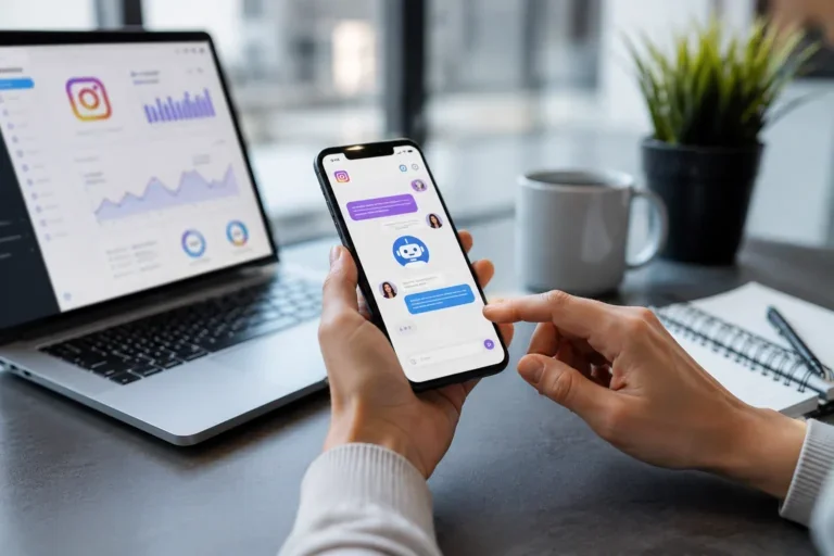 Користувач спілкується з чат-ботом Фінансовий рестарт на смартфоні біля ноутбука з графіками