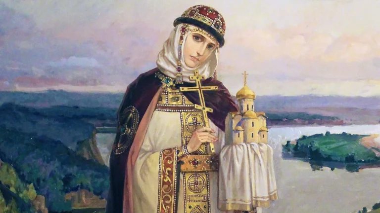 Княгиня Ольга з хрестом і макетом храму на тлі давньоруського краєвиду